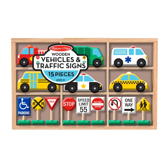MELISSA & DOUG VEHICLES & TRAFFIC SIGNS 15 PIECE SET WOODEN