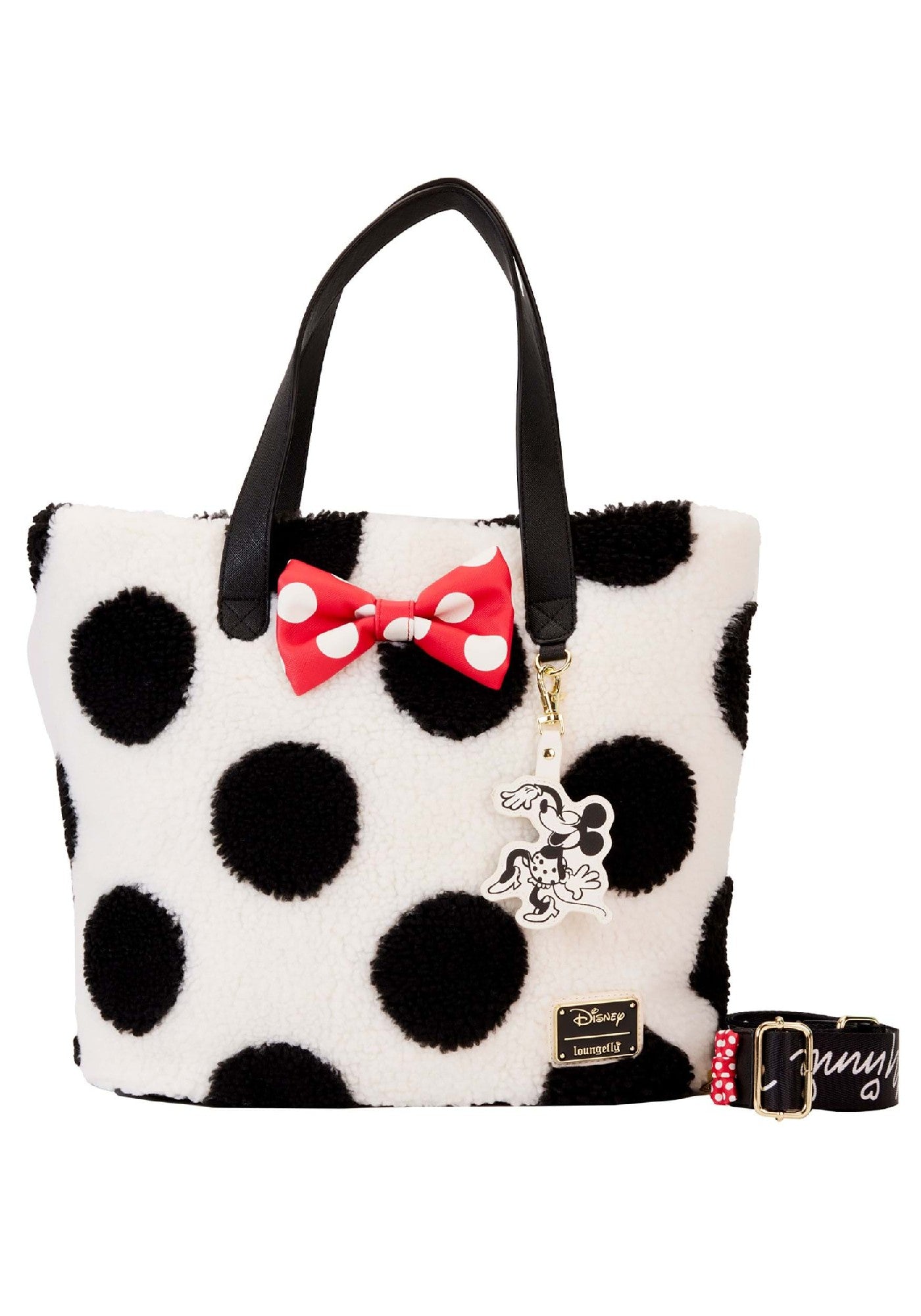 LOUNGEFLY MINNIE ROCKS THE DOTS SHERPA TOTE BAG 