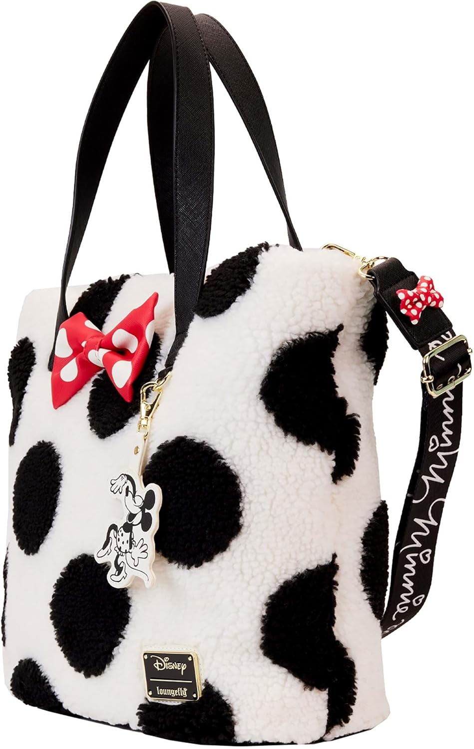 LOUNGEFLY MINNIE ROCKS THE DOTS SHERPA TOTE BAG 
