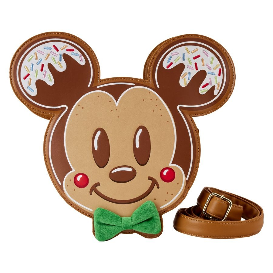 LOUNGEFLY MICKEY AND MINNIE GINGERBREAD COOKIE FIGURAL CROSSBODY BAG