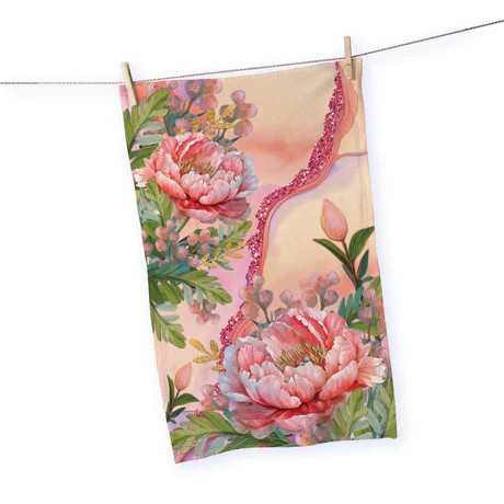 COTTON TEA TOWEL CORAL PEONY