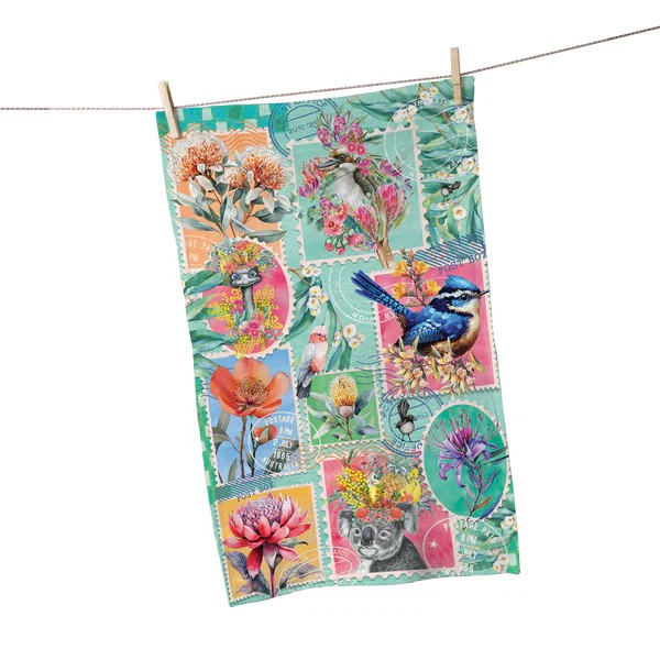 COTTON TEA TOWEL PRETTY POSTAGE 