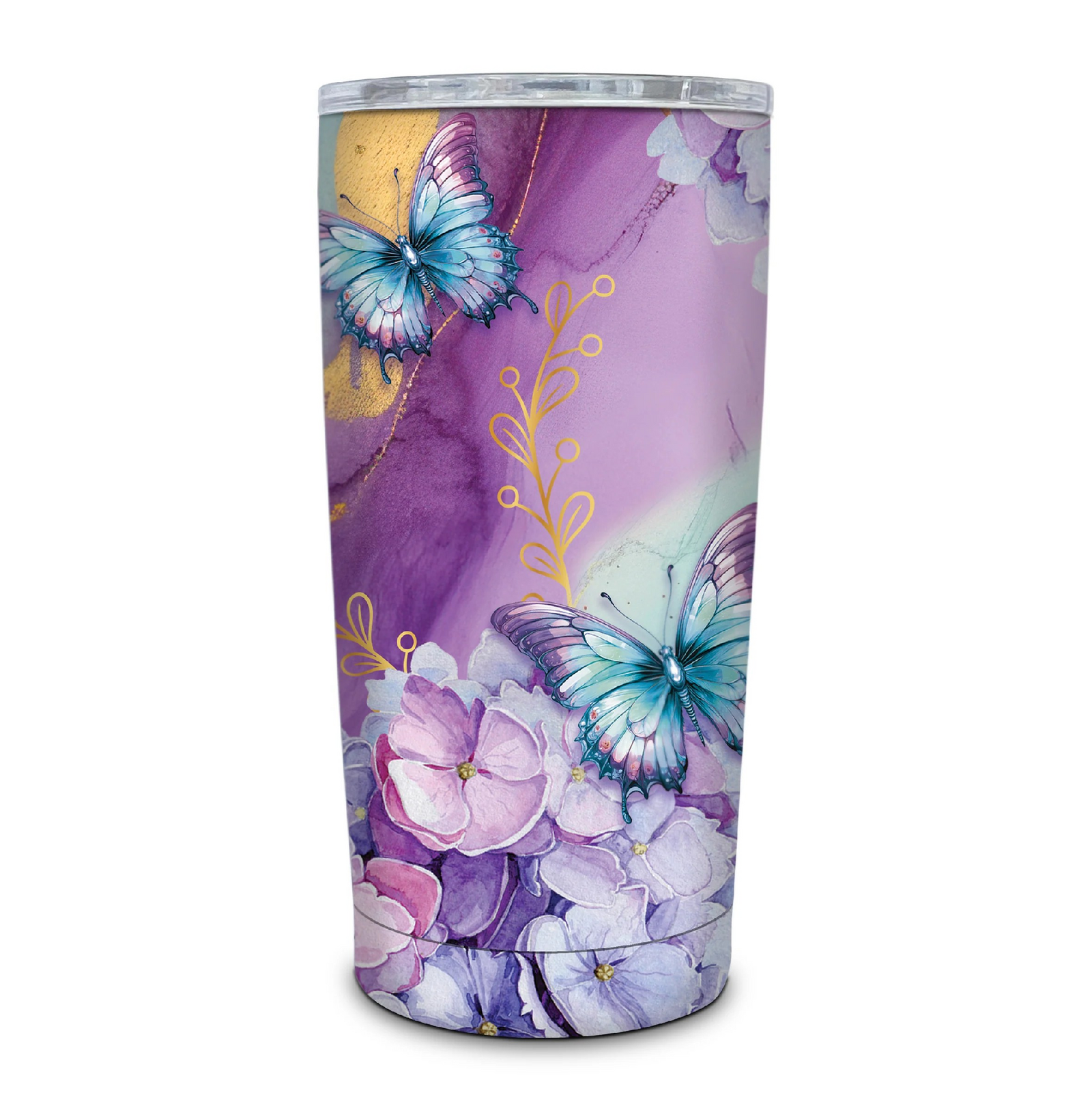 DOUBLE WALLED STAINLESS STEEL TRAVEL MUG AMETHYST BUTTERFLIES