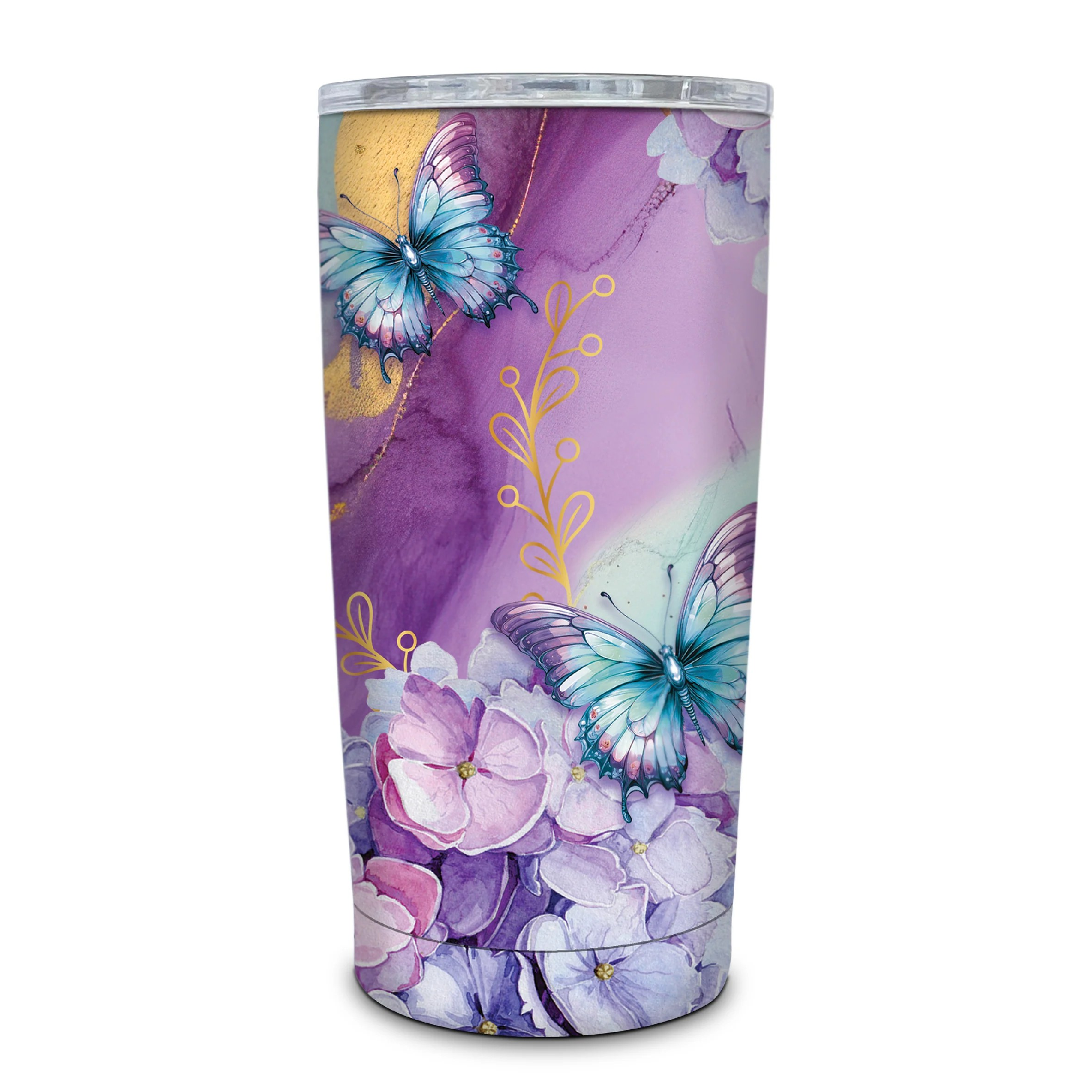 DOUBLE WALLED STAINLESS STEEL TRAVEL MUG AMETHYST BUTTERFLIES