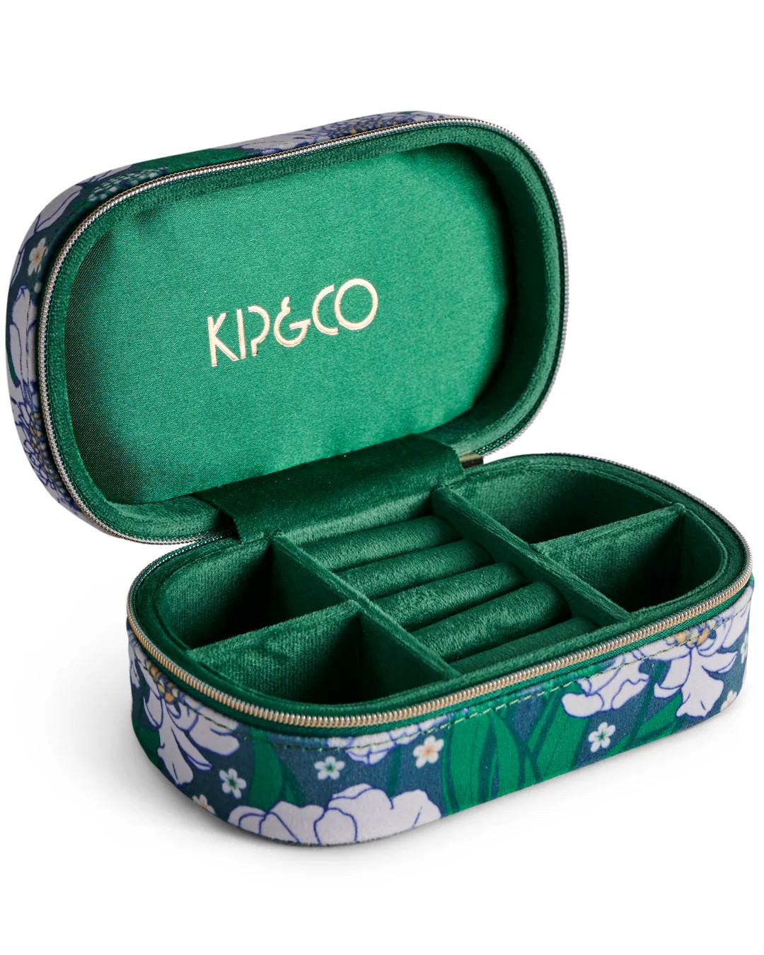 KIP & CO TUMBLING FLOWERS GREEN VELVET TRAVEL JEWELLERY BOX 