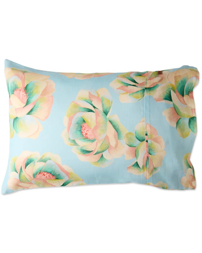 BIG BEAUTY FLORAL BLUE LINEN PILLOW CASES 2PC STD SET KIP & CO