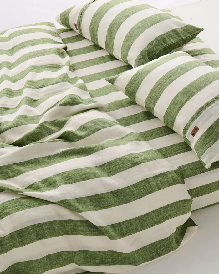 MOSS STRIPE LINEN FITTED SHEET QUEEN