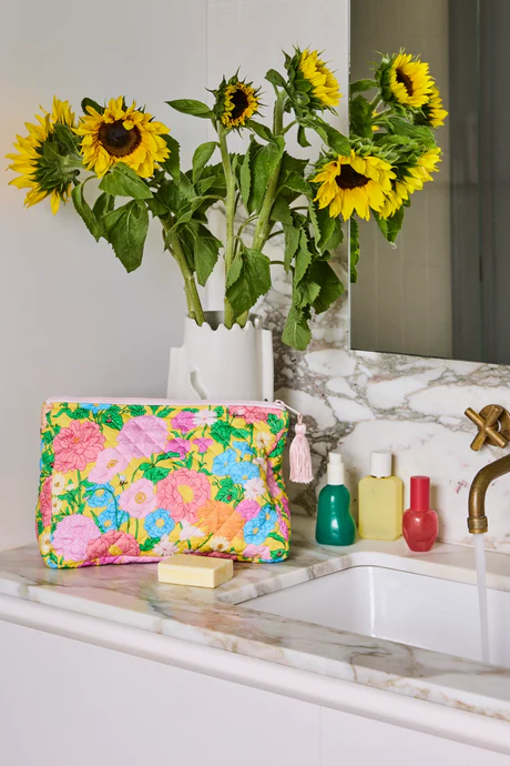 FOLLOW THE SUN YELLOW QUILTED COTTON TOILETRY CASE