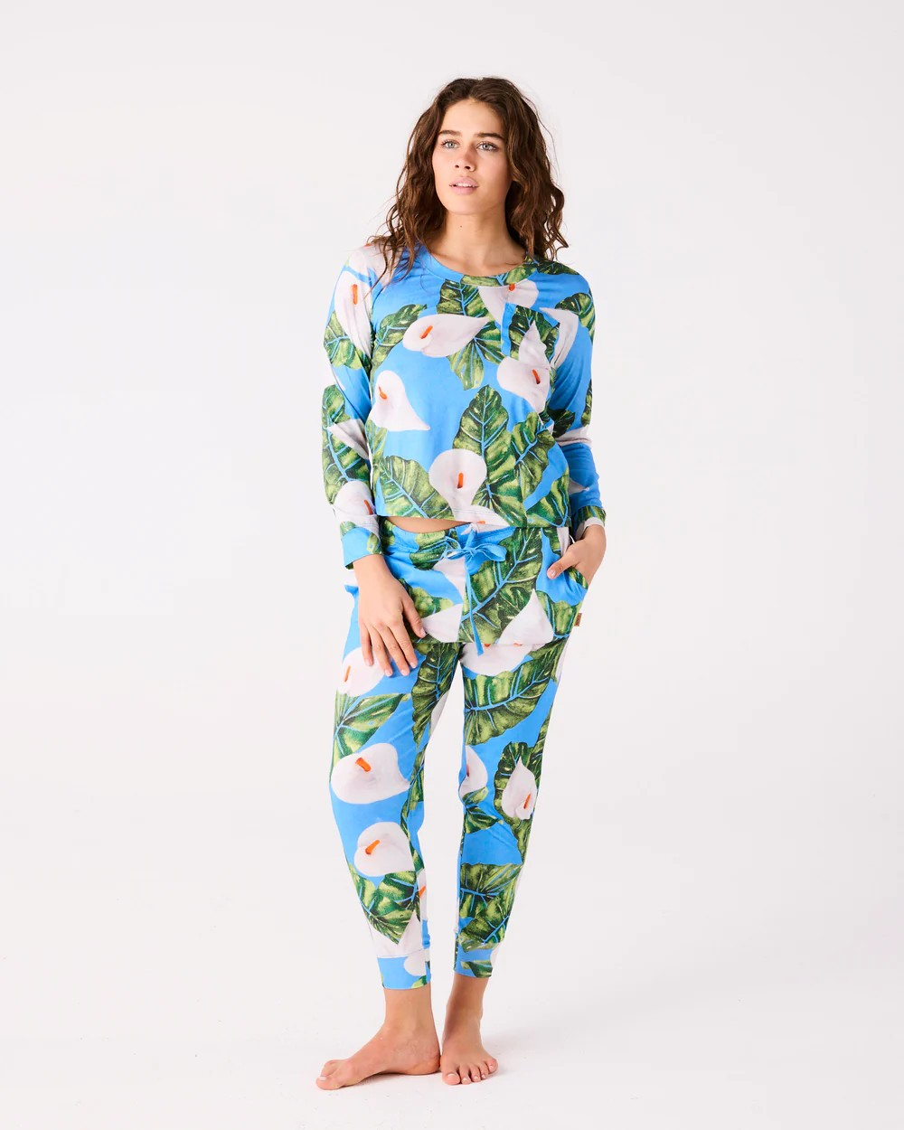KIP & CO LILY OF THE VALLEY BLUE ADULT ORGANIC COTON LONG SLEEVE PYJAMA TOP & SLOUCH PANT SET SIZE 12