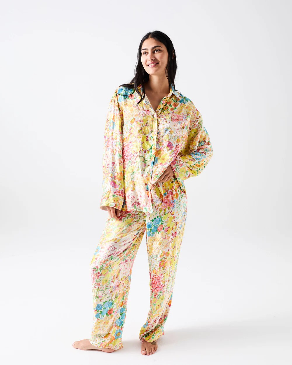 KIP & CO FOREVER FLORAL BUTTER ADULT ORGANIC COTTON LONG SLEEVE PYJAMA TOP & SLOUCH PANT SET SIZE 10