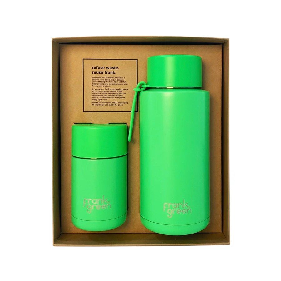 FRANK GREEN 10OZ REUSABLE CUP PUSH BUTTON + 34OZ REUSABLE BOTTLE NEON GREEN