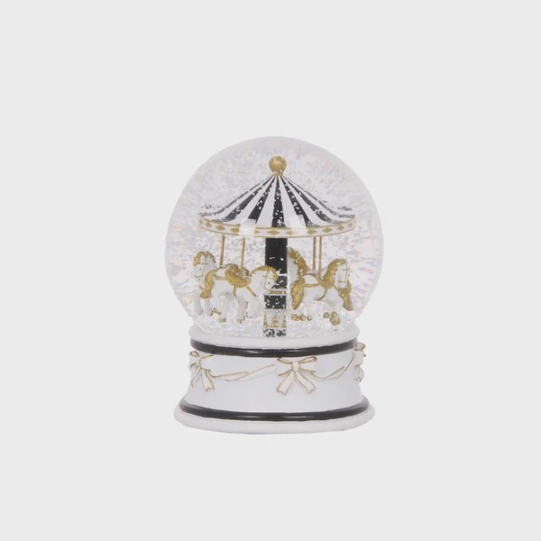 12CM MUSICAL GOLD AND WHITE MERRY GO ROUND SNOW GLOBE