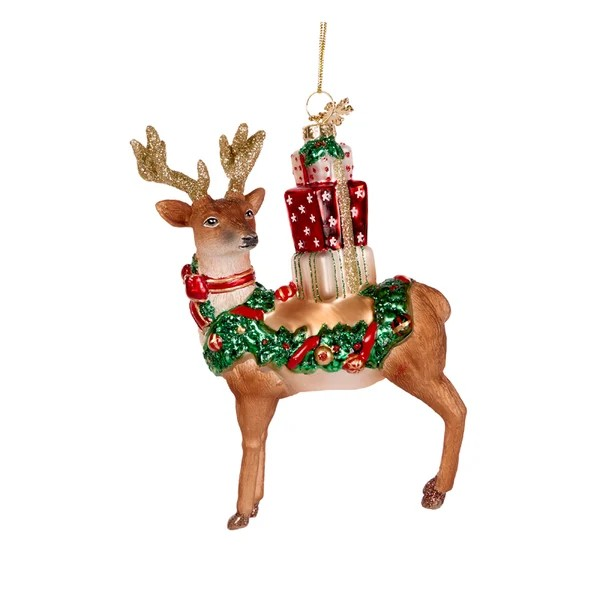 GLASS REINDEER WITH PRESENTS ORNAMENT