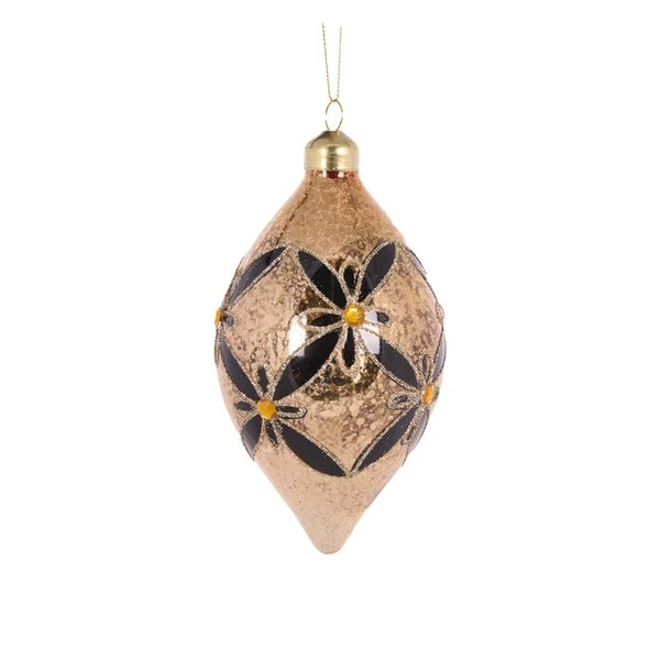 HOLLY AND IVY BLACK AND GOLD FLORAL DROP BAUBLE